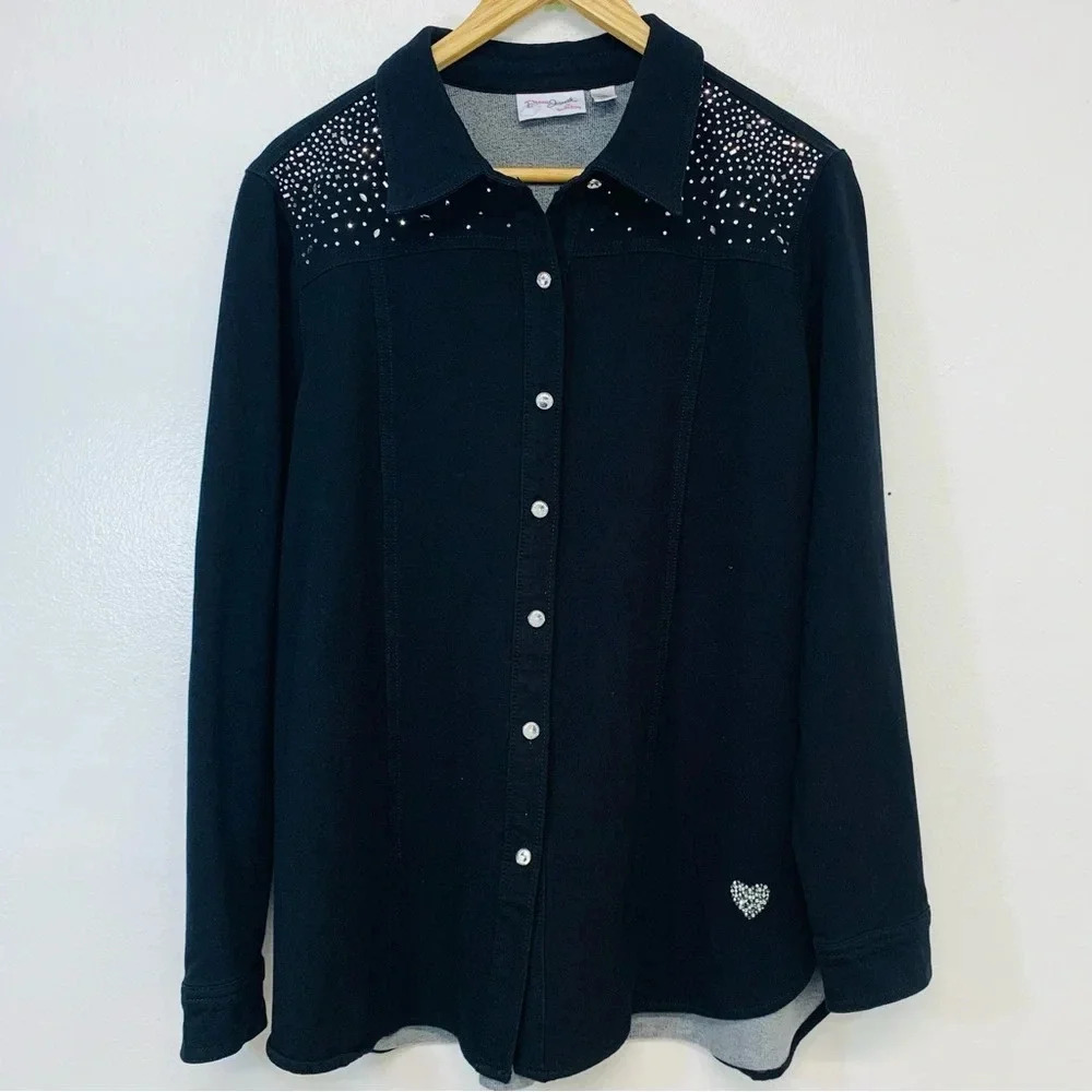 Quacker Factory Shirt Jacket Medium Black Velour Beaded Stretch Western Goth